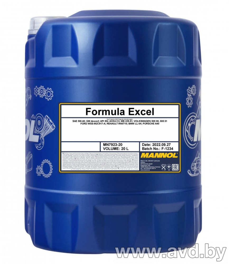 Купить Моторное масло Mannol Formula Excel 5W-40 20л  в Минске.