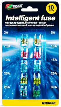 Купить Автокосметика и аксессуары Runway Racing Предохранители ином.-мини с индикацией обрыва- 10шт и пинцет (RR8030)  в Минске.